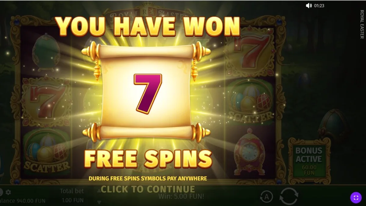 Tampilan visual mewah dari slot Royal Easter dengan latar belakang taman istana dan telur Fabergé.