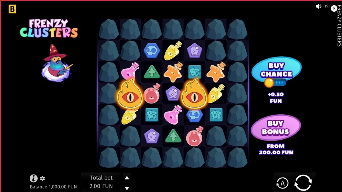 Tampilan visual slot Frenzy Clusters dengan karakter pahlawan dan simbol alkimia