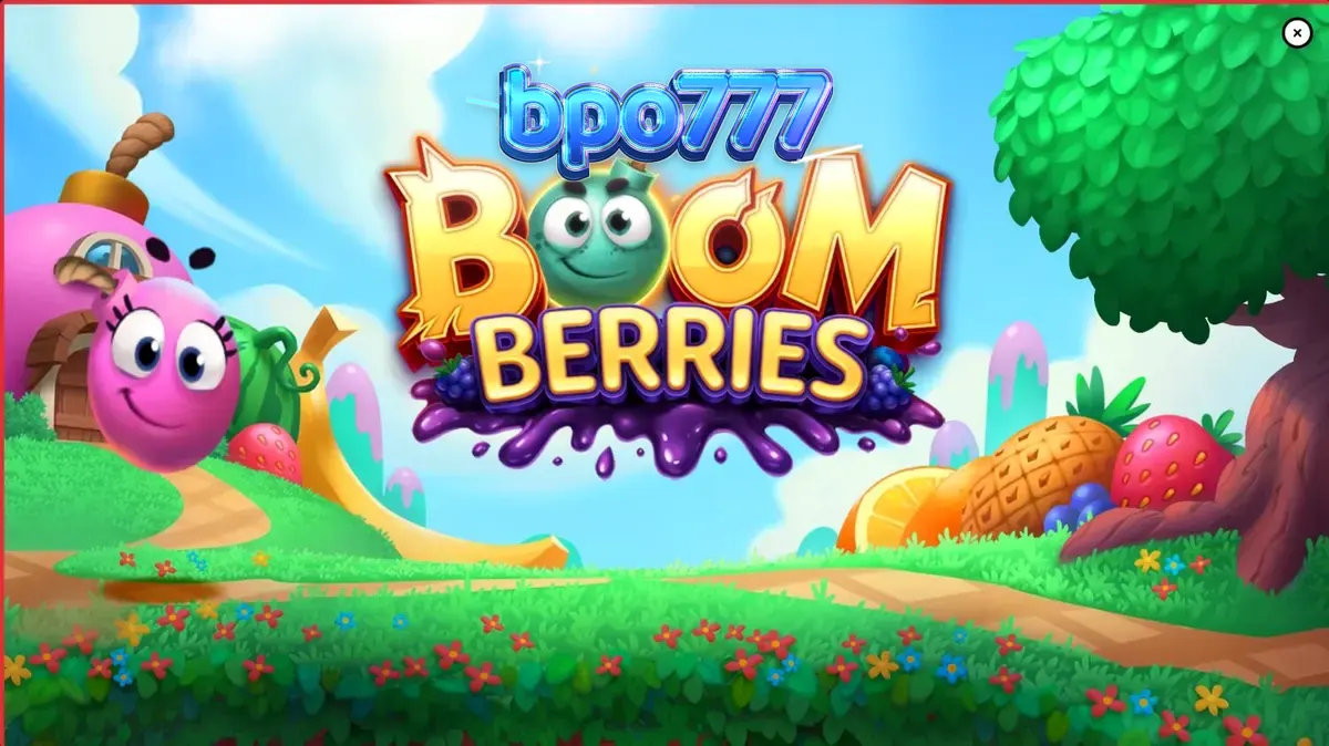 Tampilan visual slot Boomberries dengan tema desa dongeng dan buah-buahan cerah